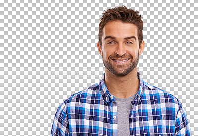 Buy stock photo Isolated young man, smile and portrait with confidence, shirt and happy by transparent png background. Student guy, casual fashion and model with happiness, trendy style and youth with beard on face