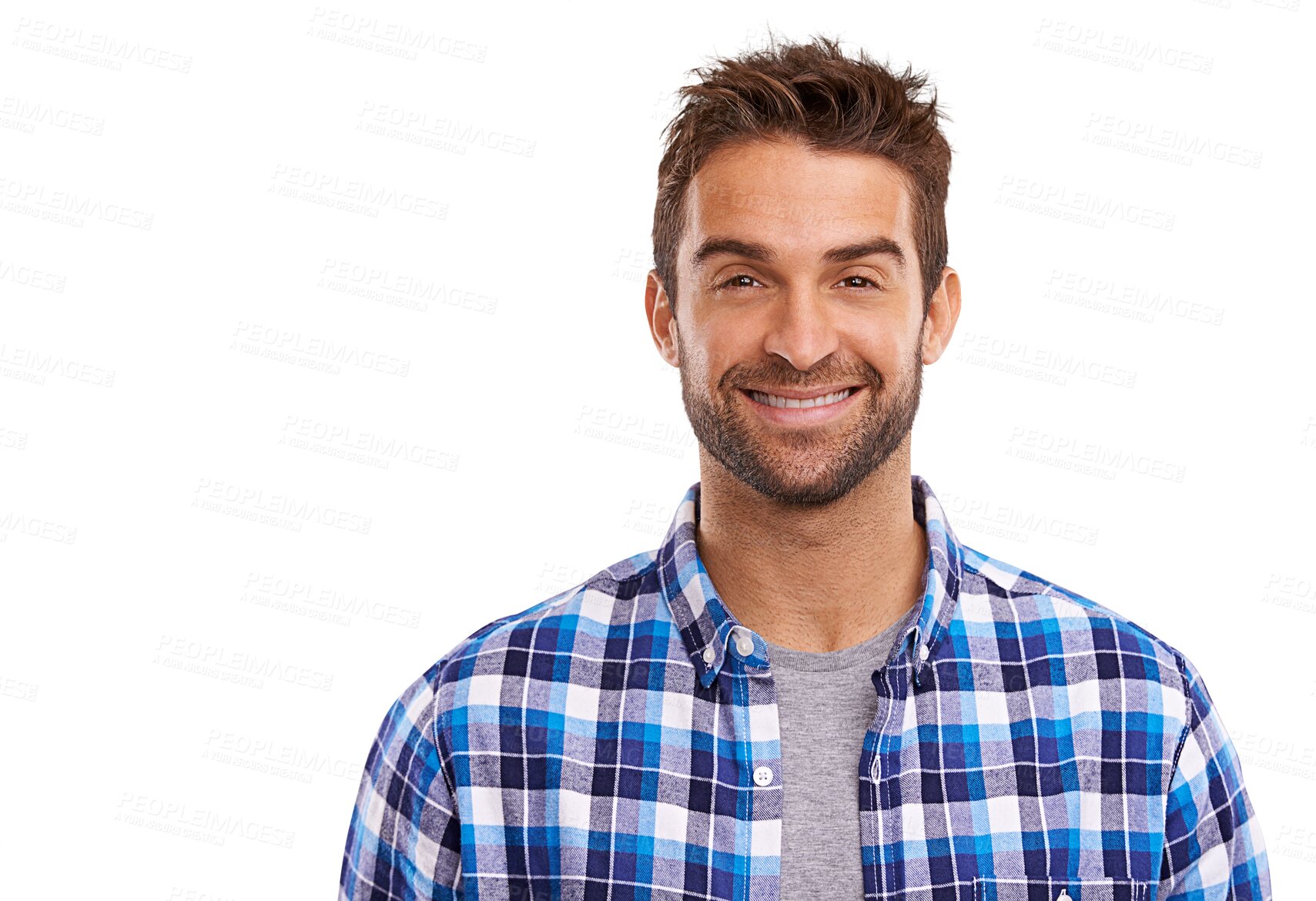Buy stock photo Isolated young man, smile and portrait with confidence, shirt and happy by transparent png background. Student guy, casual fashion and model with happiness, trendy style and youth with beard on face