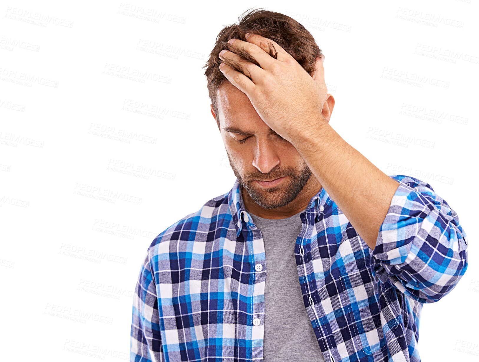 Buy stock photo Headache, anxiety and a man with a mistake or problem isolated on a transparent png background. Sad, depressed and a tired person with a migraine or pain from insomnia, depression or frustrated