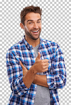 Buy stock photo Happy, success and portrait of a man with thumbs up for motivation, thank you or agreement. Excited, goal and a person with a like emoji hand for winning isolated on a transparent png background