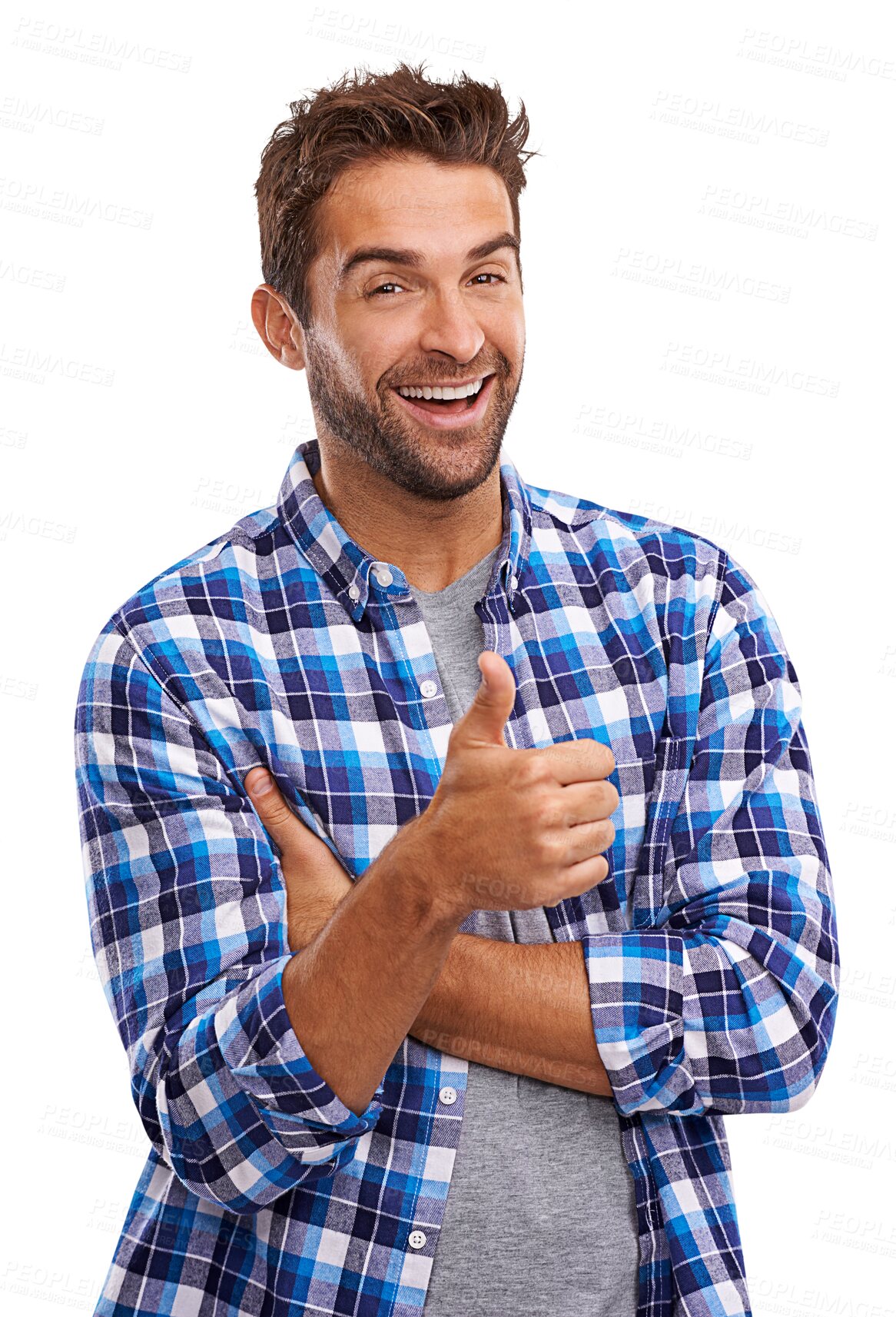 Buy stock photo Happy, success and portrait of a man with thumbs up for motivation, thank you or agreement. Excited, goal and a person with a like emoji hand for winning isolated on a transparent png background