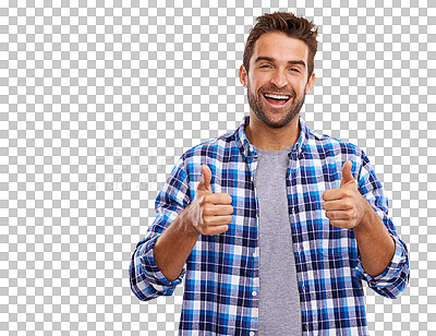 Buy stock photo Portrait, thumbs up and motivation with a man in a shirt isolated on transparent background to support fashion. Thank you, yes and like emoji for success, winning sign and happy male model on PNG