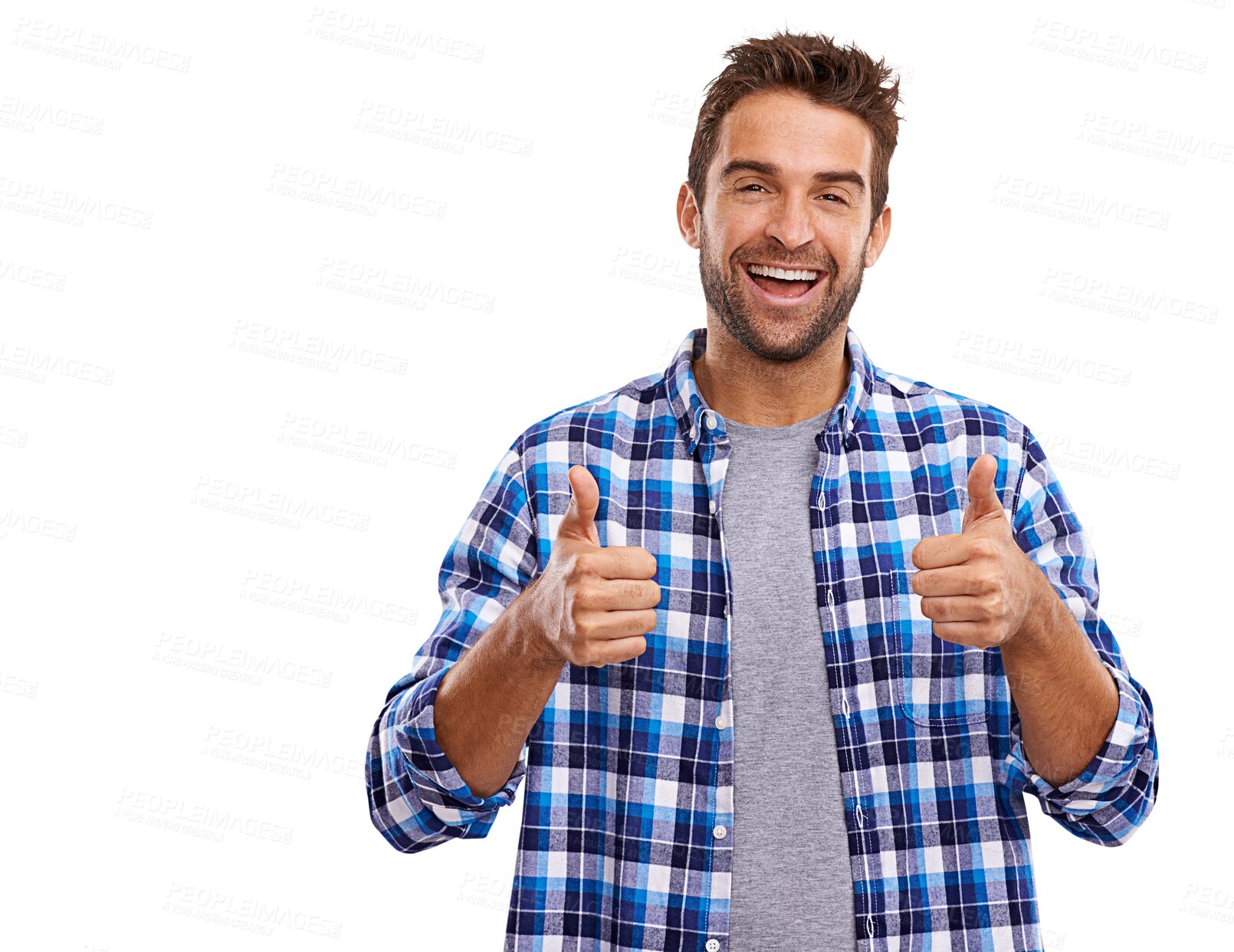 Buy stock photo Portrait, thumbs up and motivation with a man in a shirt isolated on transparent background to support fashion. Thank you, yes and like emoji for success, winning sign and happy male model on PNG