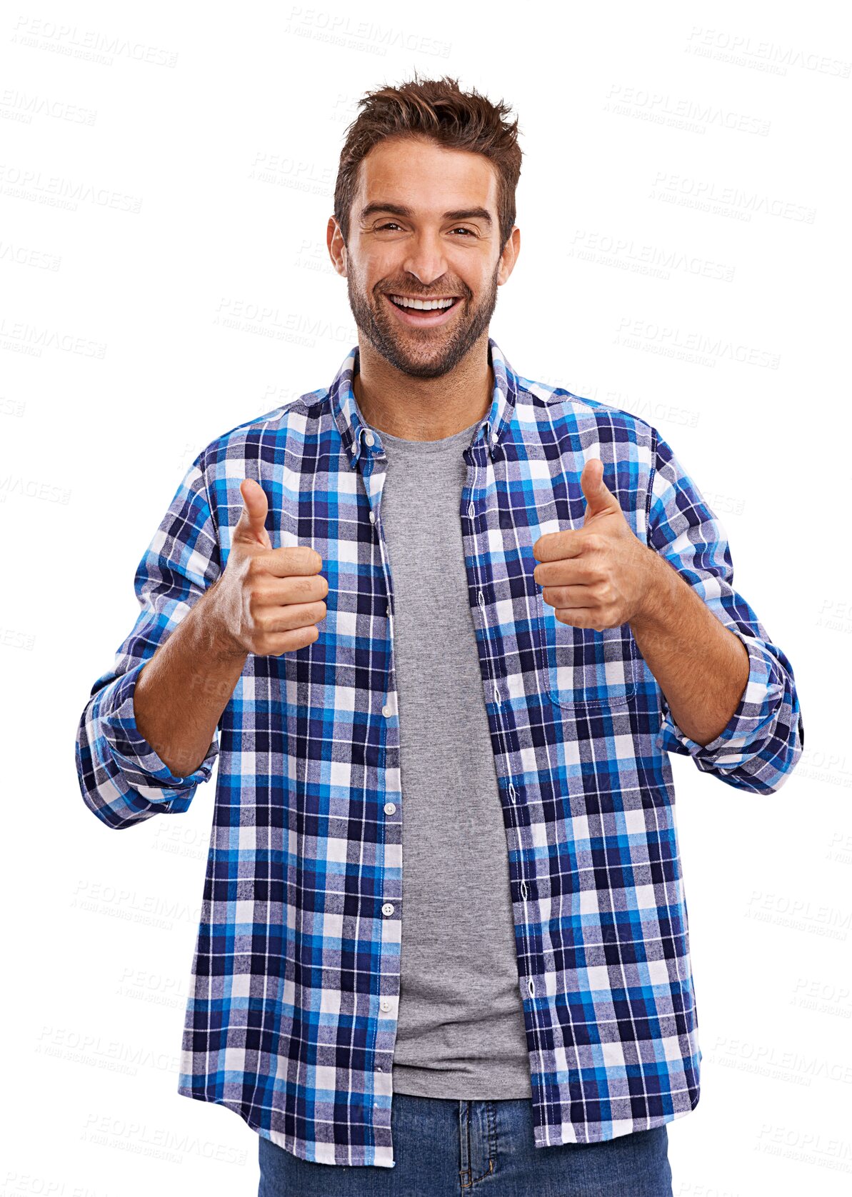 Buy stock photo Portrait, fashion and thumbs up with a man in a shirt isolated on transparent background for motivation or support. Thank you, yes and like with a handsome or fashionable young male model on PNG