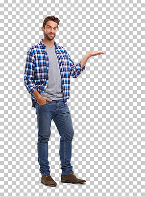 Buy stock photo Portrait, fashion and presentation with a man isolated on transparent background for trendy style. Information, announcement or advertising with a young male model holding a logo in his palm on PNG