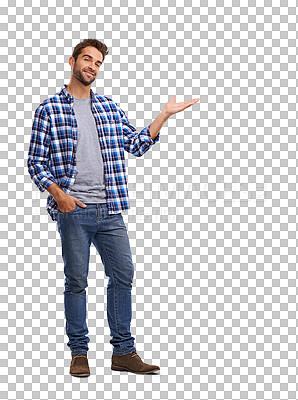 Buy stock photo Portrait, fashion and information with a man isolated on transparent background for the presentation of an announcement. Advertising, product and branding logo with a handsome young male model on PNG