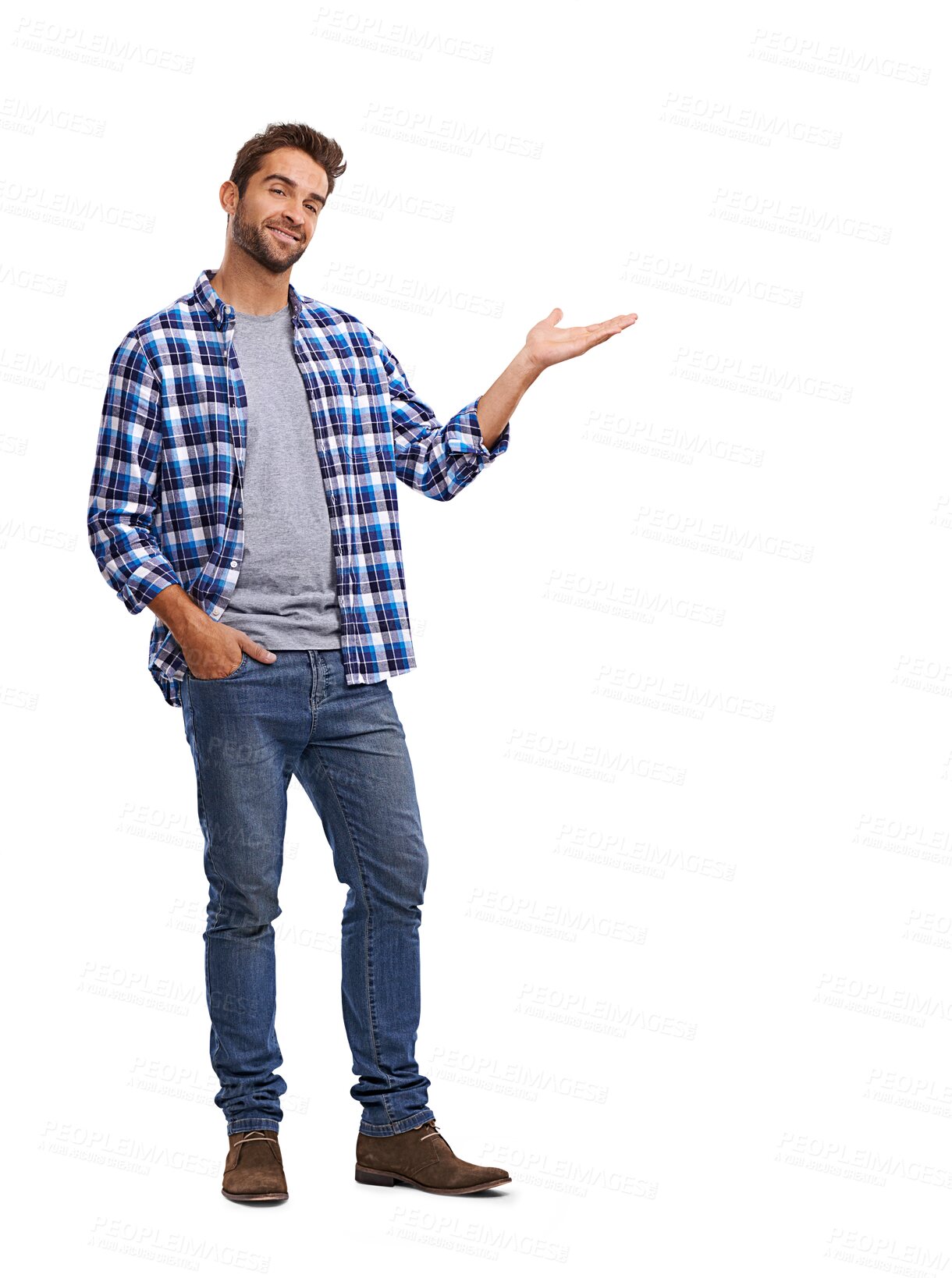 Buy stock photo Portrait, fashion and information with a man isolated on transparent background for the presentation of an announcement. Advertising, product and branding logo with a handsome young male model on PNG