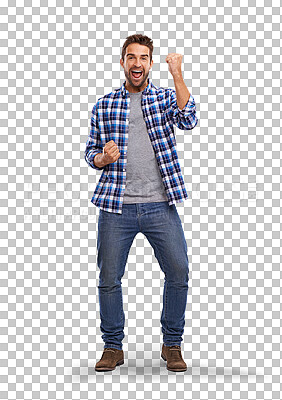 Buy stock photo Isolated man, fist celebration and portrait with winning, success and goals by transparent png background. Young guy, student and winner with excited face for investment, gambling or lottery results