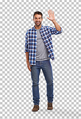 Buy stock photo Portrait, wave and greeting with a man in a shirt isolated on transparent background to say hello. Fashion, confidence and lifestyle with a handsome or fashionable young male model waving on PNG