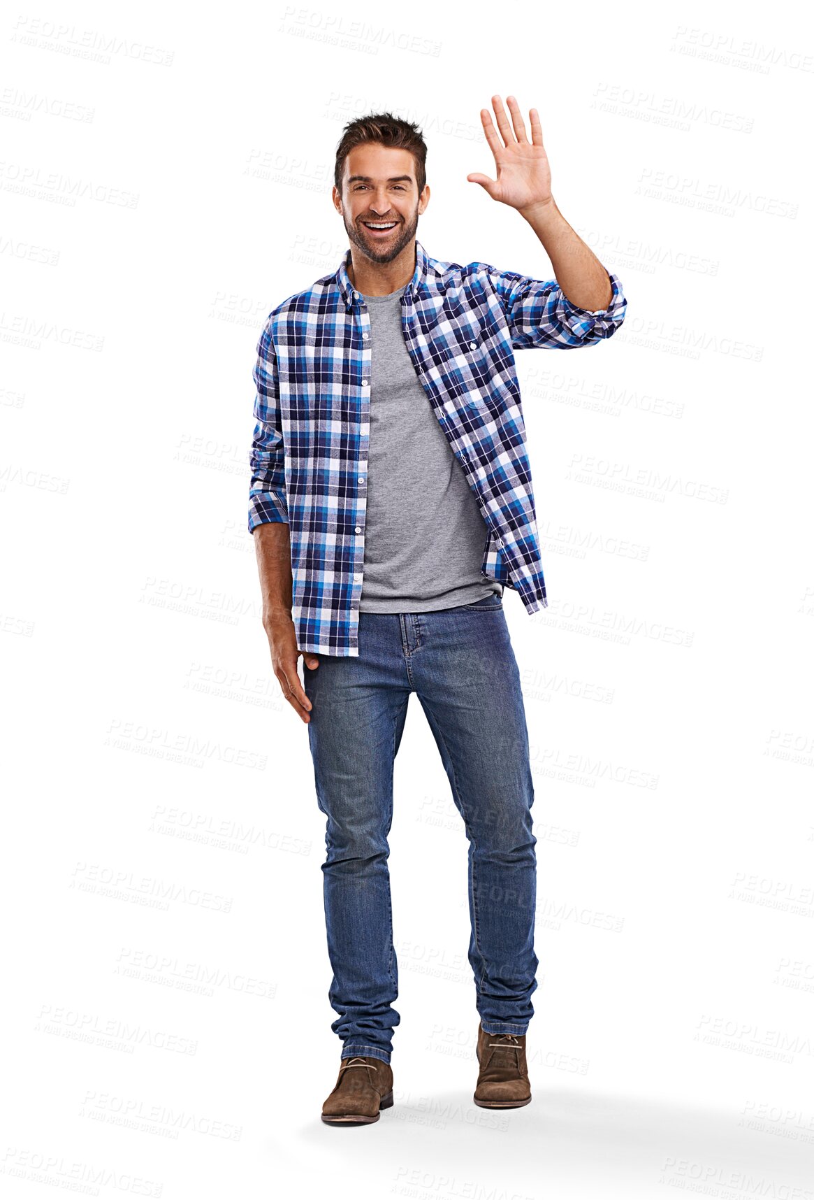 Buy stock photo Portrait, wave and greeting with a man in a shirt isolated on transparent background to say hello. Fashion, confidence and lifestyle with a handsome or fashionable young male model waving on PNG