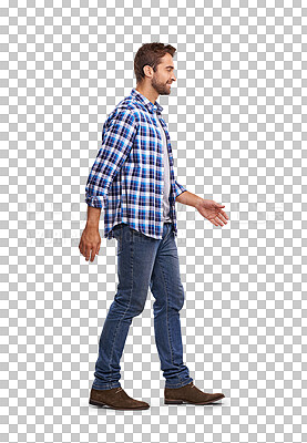 Buy stock photo Walking, casual and profile of man on relax journey, trip or stress relief walk, commute steps or travel. Fashion clothes, weekend leisure outfit and person isolated on a transparent, png background