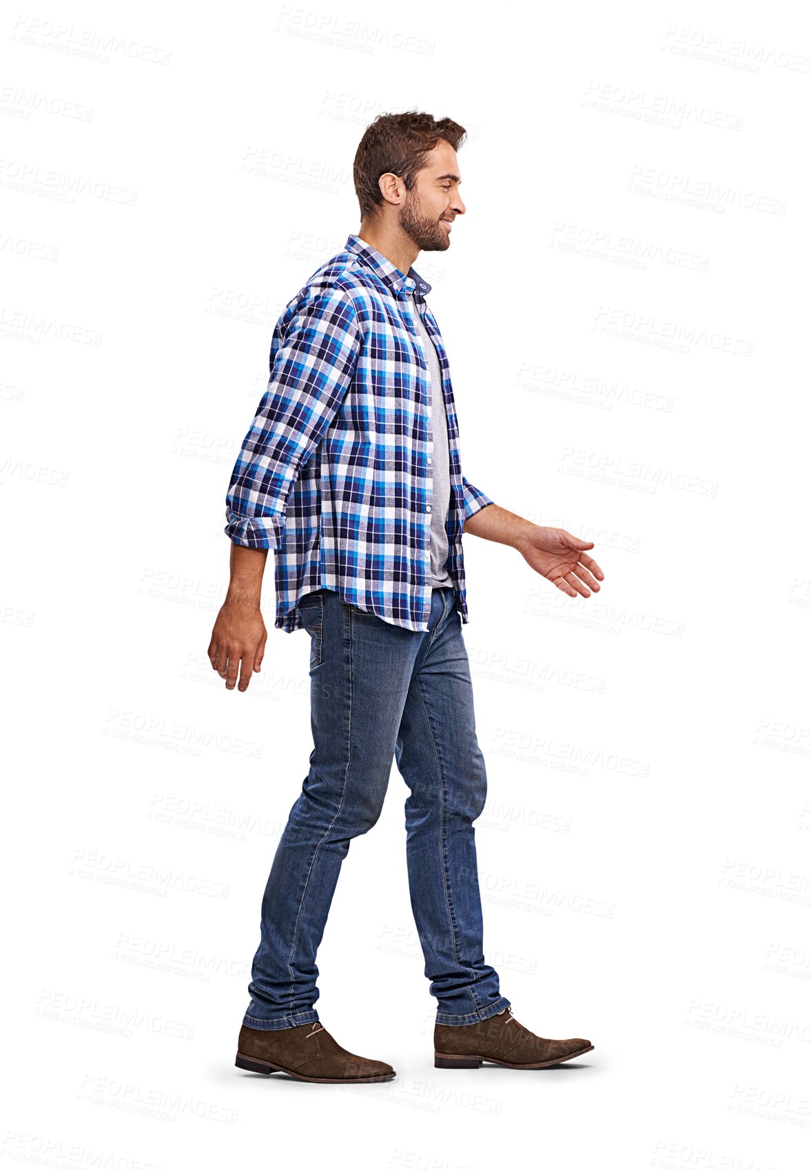 Buy stock photo Walking, casual and profile of man on relax journey, trip or stress relief walk, commute steps or travel. Fashion clothes, weekend leisure outfit and person isolated on a transparent, png background