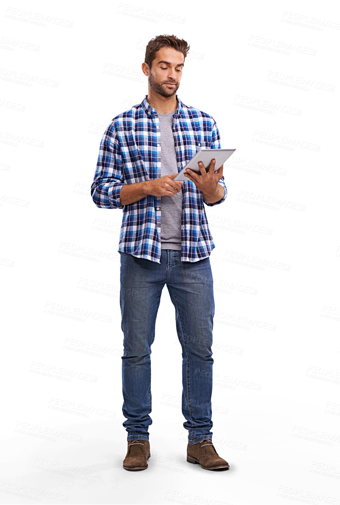 Buy stock photo Isolated young man, tablet and reading with focus, research or learning by transparent png background. Student guy, touchscreen and tech for social media app, movie or video on web, internet or game