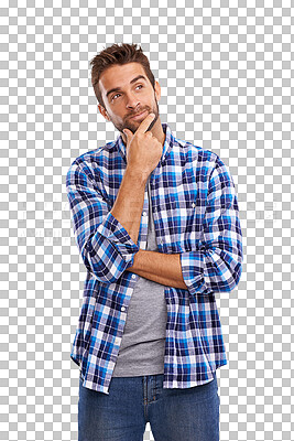 Buy stock photo Thinking, memory and a man with a plan and emotion isolated on transparent png background. Serious, confused and a male creative designer with ideas, doubt and problem solving with expression