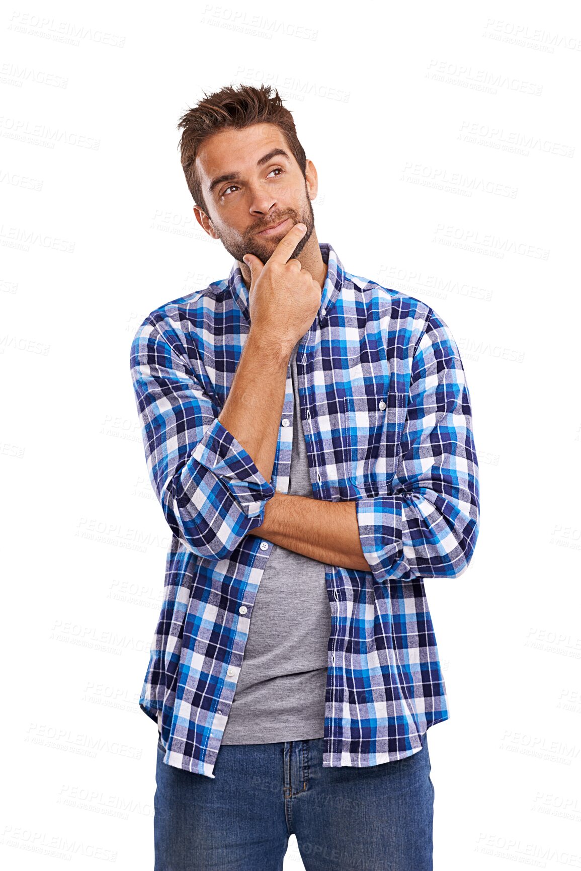 Buy stock photo Thinking, memory and a man with a plan and emotion isolated on transparent png background. Serious, confused and a male creative designer with ideas, doubt and problem solving with expression
