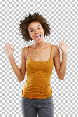 Buy stock photo Happy, wave and portrait of a greeting woman for social media, tv presenter or broadcast. Smile, motivation and African girl or excited influencer say hello isolated on a transparent png background