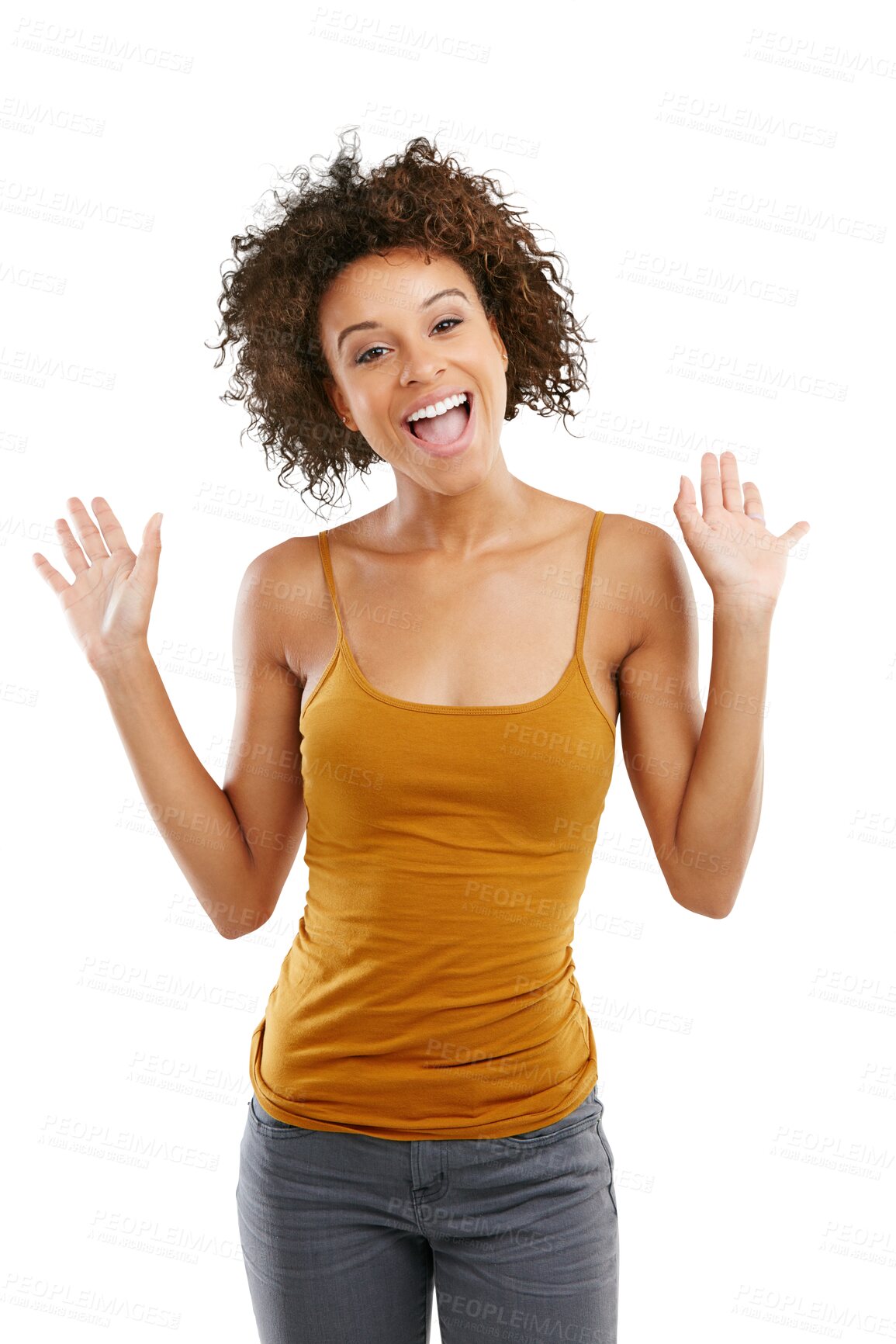 Buy stock photo Happy, wave and portrait of a greeting woman for social media, tv presenter or broadcast. Smile, motivation and African girl or excited influencer say hello isolated on a transparent png background