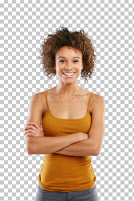 Buy stock photo Fashion, casual and portrait of a woman with a crossed arms for confidence with a cool outfit. Happy, smile and African female model posing with trendy style isolated by a transparent png background.