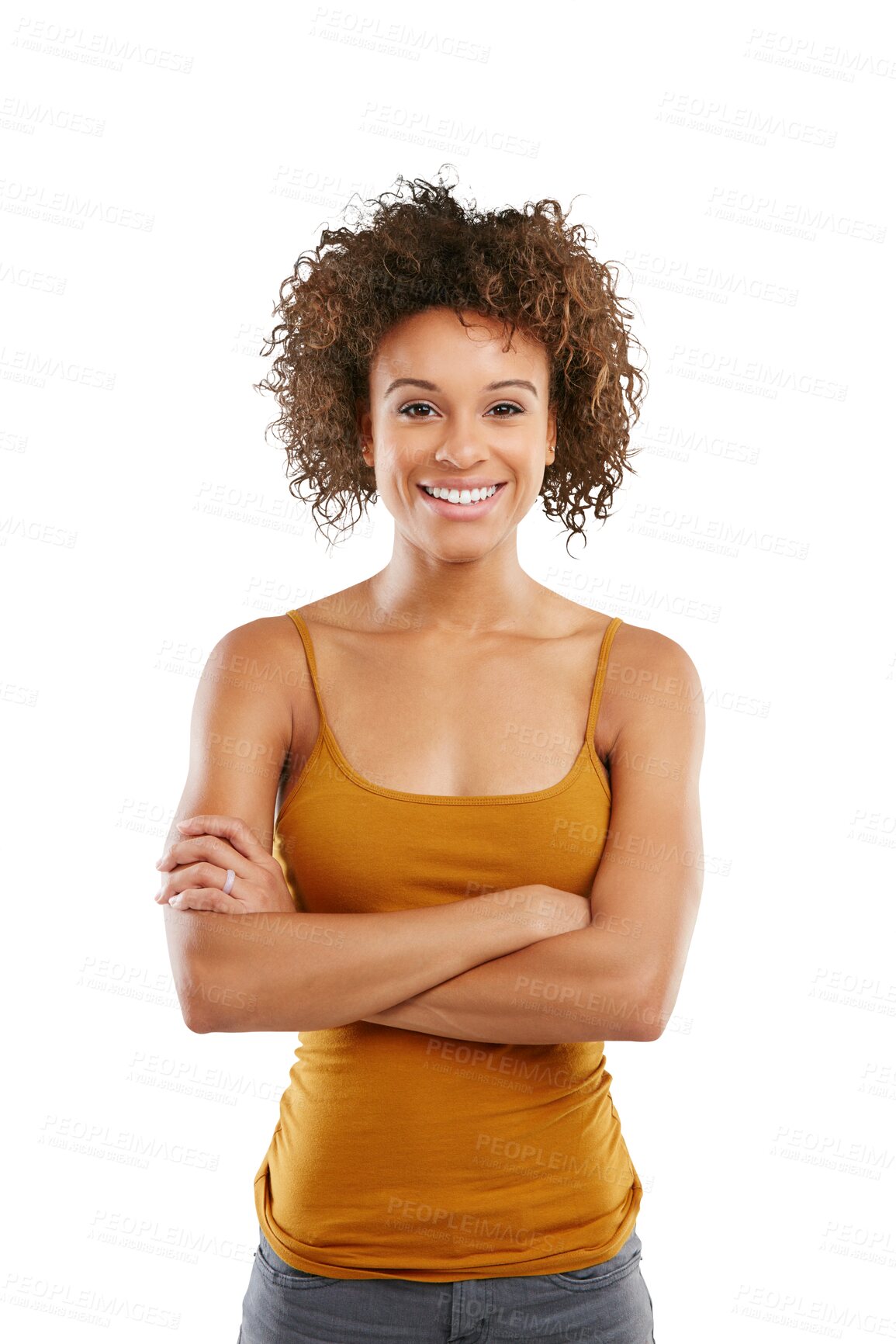 Buy stock photo Fashion, casual and portrait of a woman with a crossed arms for confidence with a cool outfit. Happy, smile and African female model posing with trendy style isolated by a transparent png background.