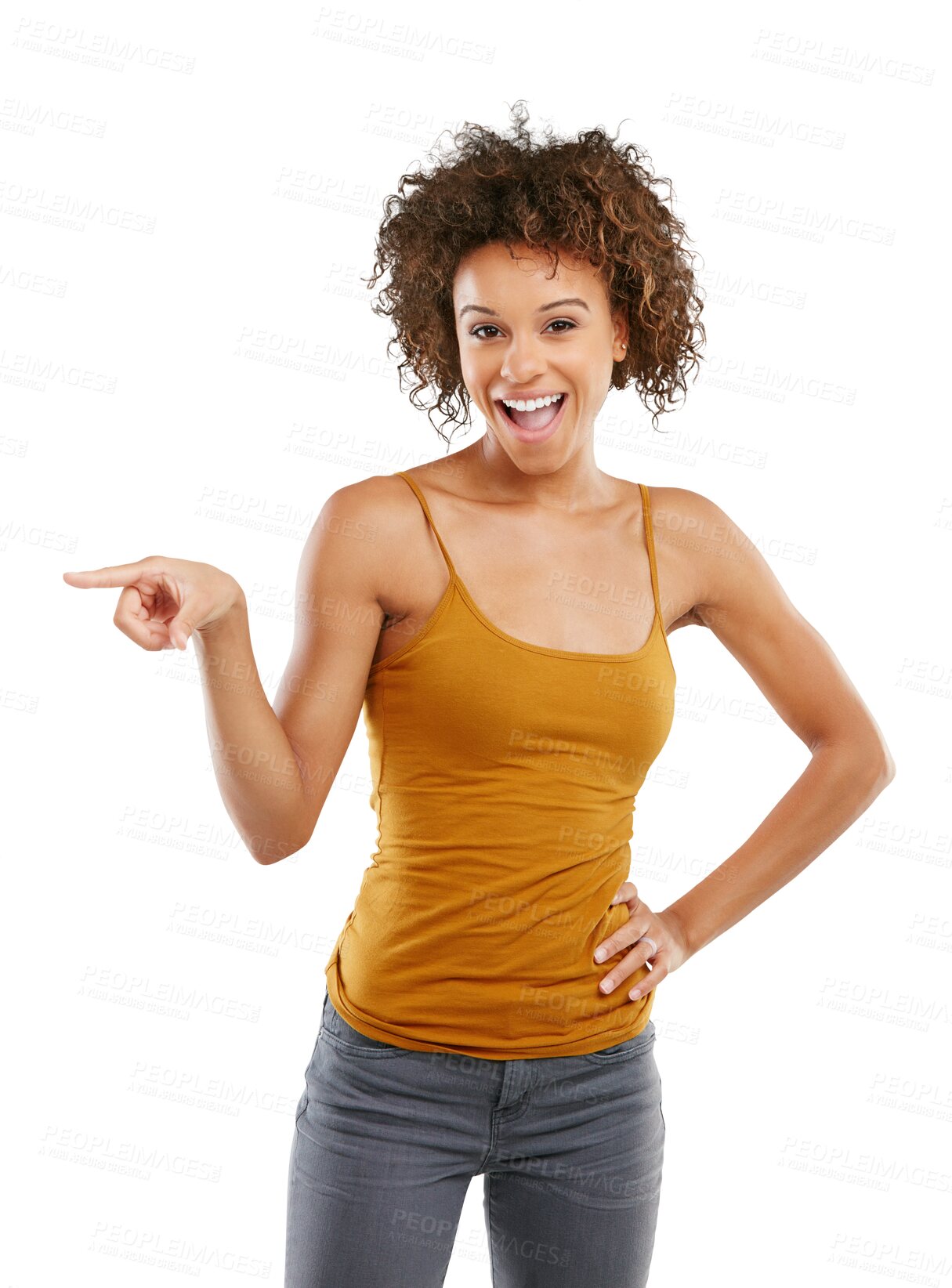 Buy stock photo Happy woman, portrait smile and pointing standing isolated on a transparent PNG background. Female person or model smiling in casual clothing and point finger for advertising, choice or surprise