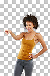 PNG Studio shot of an attractive young woman pointing towards something