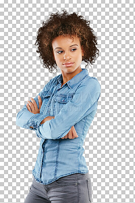 Buy stock photo Confident attitude, arms crossed and woman looking at fashion apparel, jean clothes or cool denim outfit. Serious confidence, trendy or stylish African person isolated on transparent, png background
