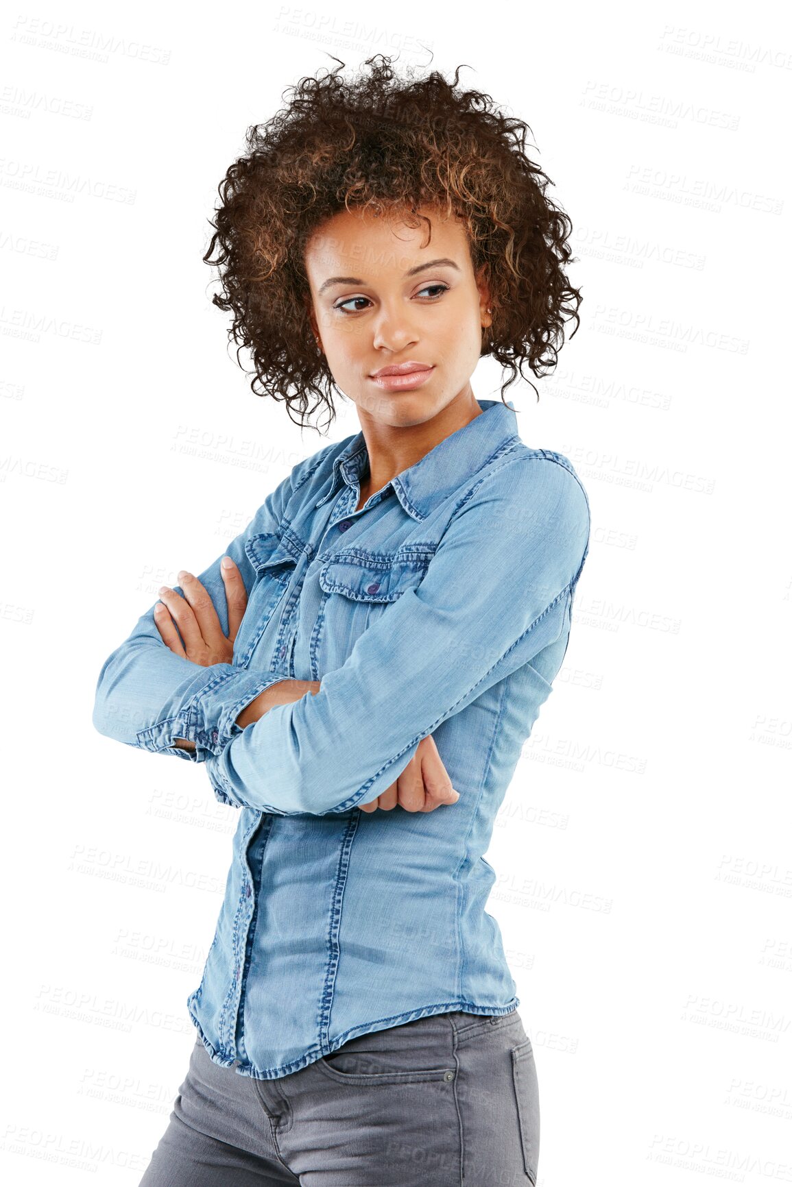 Buy stock photo Confident attitude, arms crossed and woman looking at fashion apparel, jean clothes or cool denim outfit. Serious confidence, trendy or stylish African person isolated on transparent, png background
