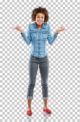 Buy stock photo Portrait, woman pointing in confused direction isolated on a transparent png background. Happy smile, hand gesture and African female person with advertising, marketing or promotion for commercial.