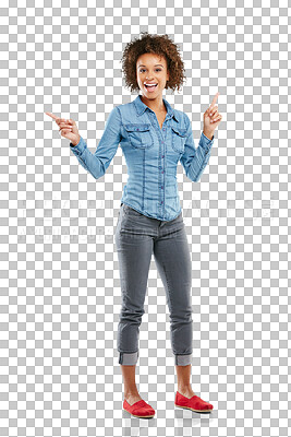 Buy stock photo Excited, portrait and woman pointing in all directions isolated on a transparent png background. Happy, hand gesture and African female person with advertising, marketing or promotion for commercial.