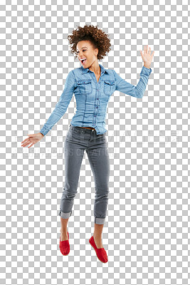 Buy stock photo Dance, happy and a woman with a jump while excited for success, weekend or with energy. Smile, dancing and a girl with energy jumping with crazy happiness isolated on a transparent png background