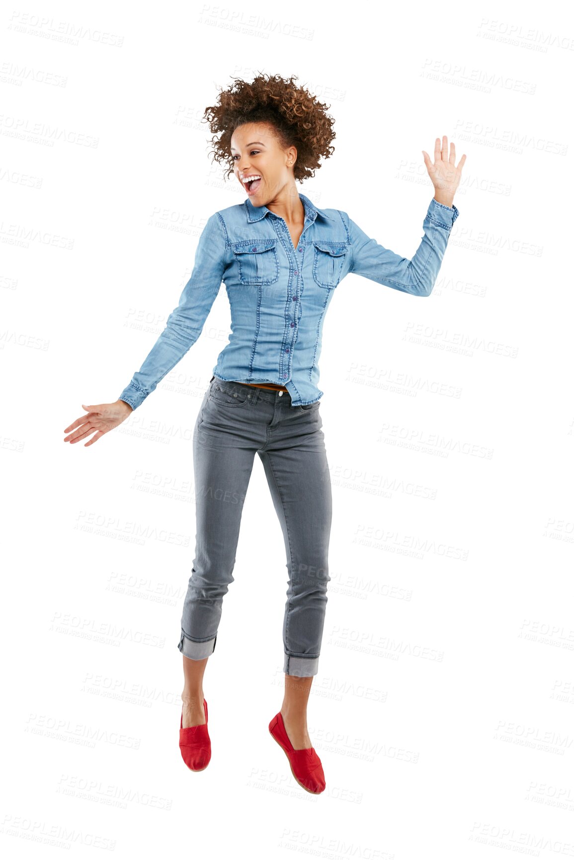 Buy stock photo Dance, happy and a woman with a jump while excited for success, weekend or with energy. Smile, dancing and a girl with energy jumping with crazy happiness isolated on a transparent png background