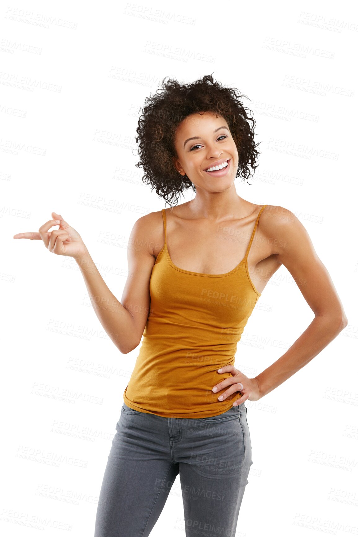 Buy stock photo Happy, portrait and a pointing woman for advertising isolated on a transparent png background. Smile, young and a brand manager with a gesture for promotion, marketing or showing for branding