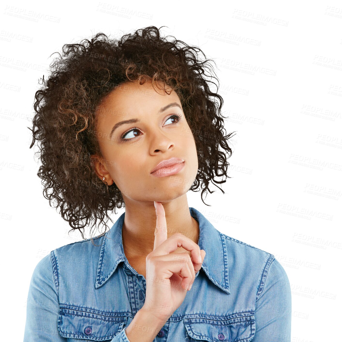 Buy stock photo Woman, face and thinking with idea in problem solving isolated on a transparent PNG background. Thoughtful female person with finger on chin in doubt, think or choice for decision, ideas or solution