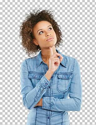 Buy stock photo Woman, face and thinking with solution in problem solving isolated on a transparent PNG background. Thoughtful female person with finger on chin in doubt, think or choice for decision, ideas or plan