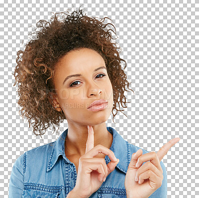 Buy stock photo Woman, face and pointing for thinking in problem solving isolated on a transparent PNG background. Portrait of female person with finger on chin and point in doubt, choice or decision in plan or idea