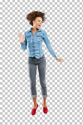 Buy stock photo Dance, crazy and a woman with a jump while excited for success, weekend or with energy. Smile, dancing and a young girl enjoying jumping with happiness isolated on a transparent png background