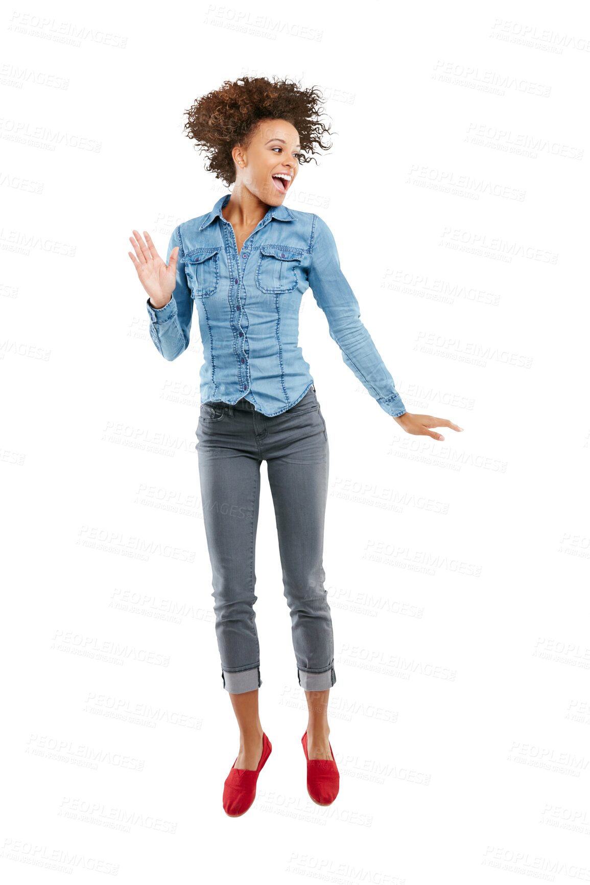 Buy stock photo Dance, crazy and a woman with a jump while excited for success, weekend or with energy. Smile, dancing and a young girl enjoying jumping with happiness isolated on a transparent png background