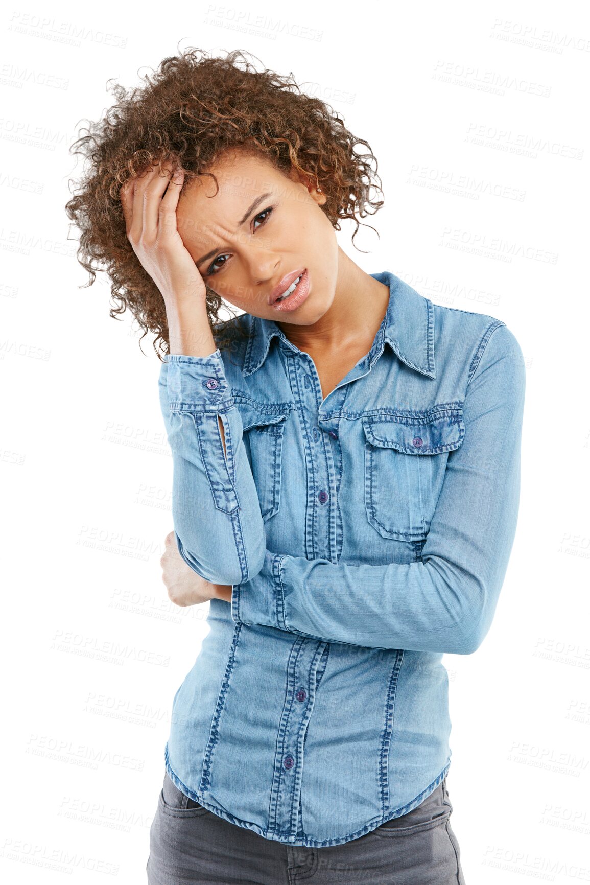 Buy stock photo Portrait, headache or regret with an unhappy woman isolated on a transparent background to express emotion. Sad, depression and anxiety with a young female person looking sad or asking why on PNG