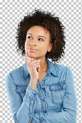 Buy stock photo Woman, thinking and doubt in problem solving standing isolated on a transparent PNG background. Thoughtful female person or model posing with finger on chin for solution, decision or idea in planning