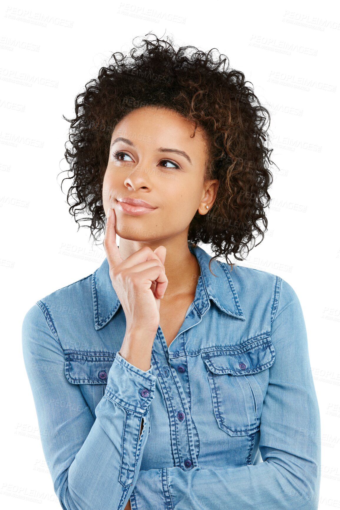 Buy stock photo Woman, thinking and doubt in problem solving standing isolated on a transparent PNG background. Thoughtful female person or model posing with finger on chin for solution, decision or idea in planning