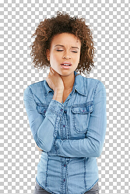 Buy stock photo Isolated African woman, neck pain and stress with muscle fatigue by transparent png background. Student, girl and tired with sore joint, burnout and massage with for wellness, relief and self care
