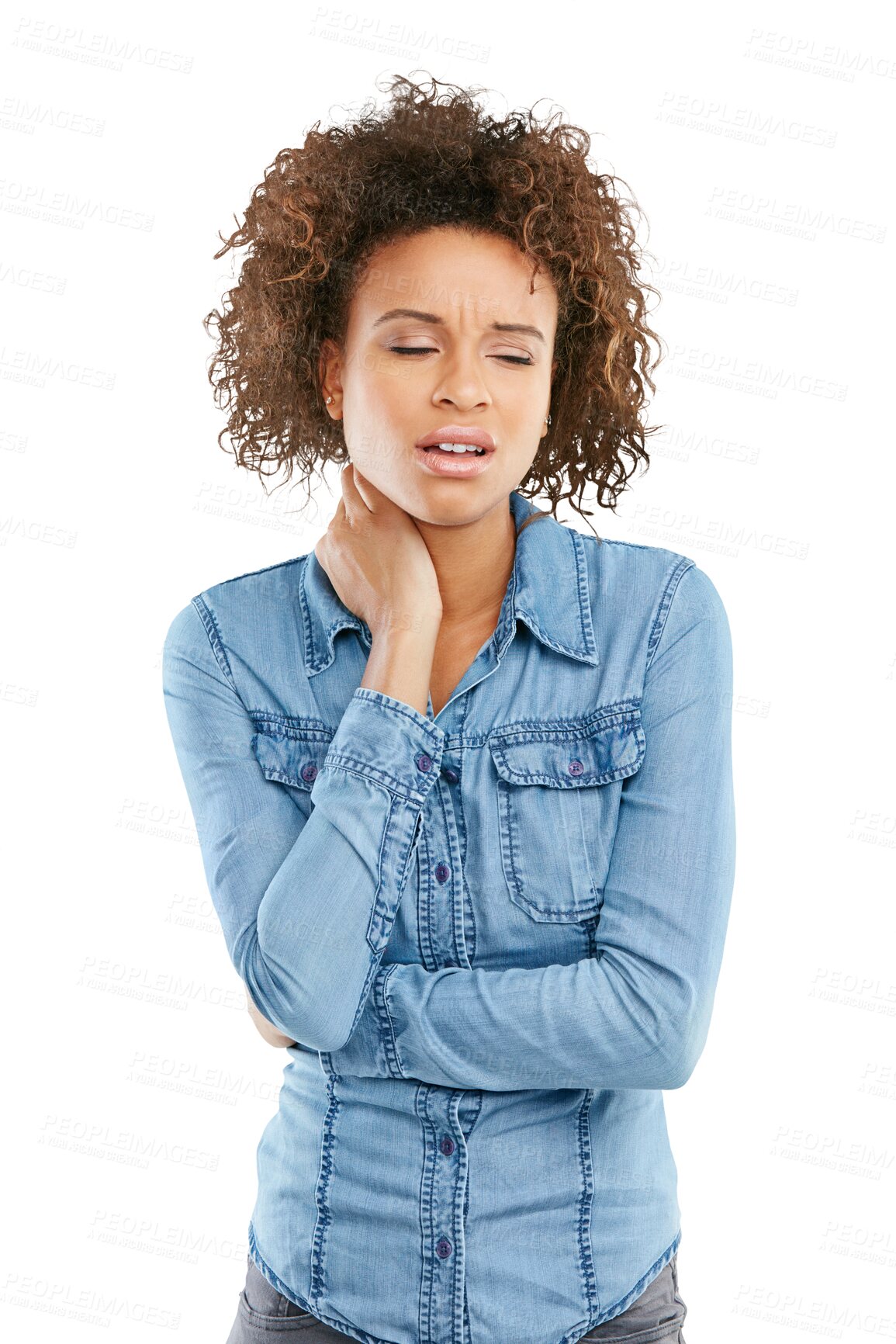 Buy stock photo Isolated African woman, neck pain and stress with muscle fatigue by transparent png background. Student, girl and tired with sore joint, burnout and massage with for wellness, relief and self care