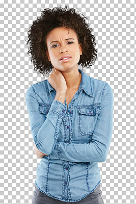 Buy stock photo Injury, portrait of a woman holding her neck for pain and isolated against a transparent png background. Muscle ache or inflammation, accident or tired and young female person pose for bruise
