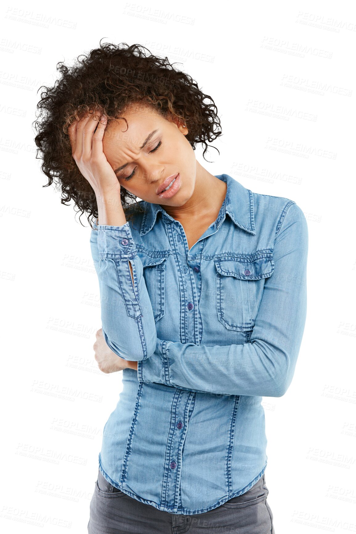 Buy stock photo Frustrated woman, headache and stress in bankruptcy standing isolated on a transparent PNG background. Upset female person in debt, financial crisis or anxiety from burnout, depression or head pain