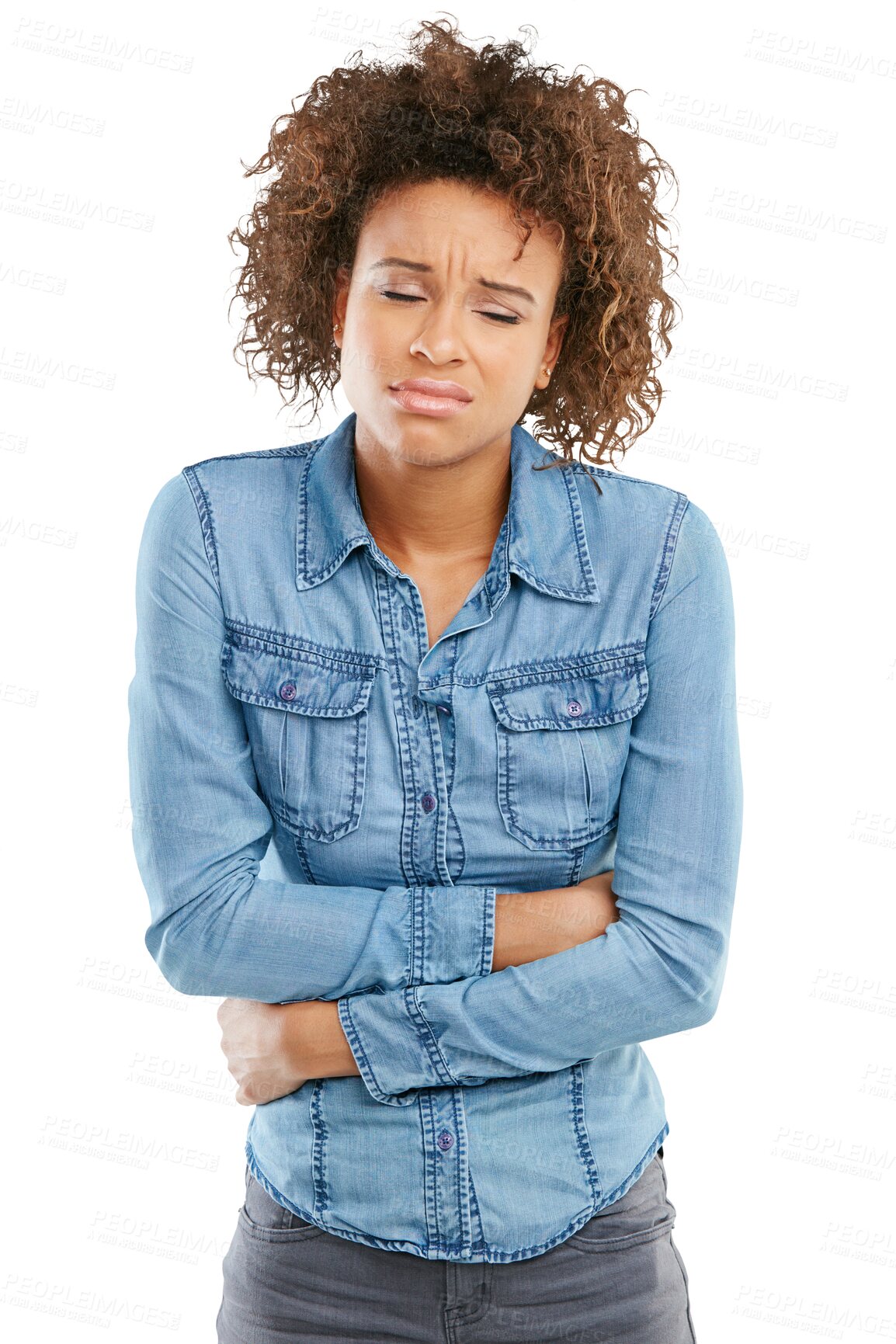 Buy stock photo Isolated African woman, stomach pain and stress for problem, digestion or transparent png background. Young student girl, holding abdomen or frustrated for period, menstruation or sick with diarrhea
