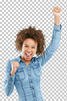 Buy stock photo Winning, fist and excited woman celebrate success isolated on transparent, png background. Portrait of african female person shout, yes hand sign or emoji for achievement, bonus offer or competition