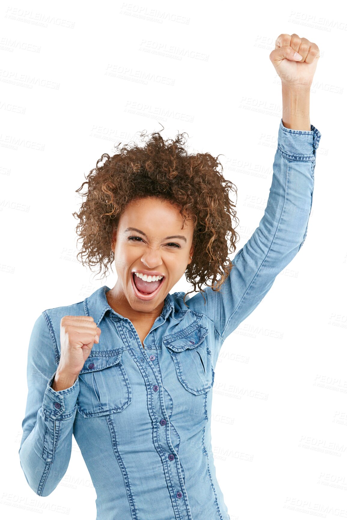 Buy stock photo Winning, fist and excited woman celebrate success isolated on transparent, png background. Portrait of african female person shout, yes hand sign or emoji for achievement, bonus offer or competition