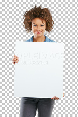 Buy stock photo Portrait, woman and poster or paper mockup isolated on transparent, png background. Happy person show banner, billboard or space for advertising promotion, logo or brand announcement opportunity
