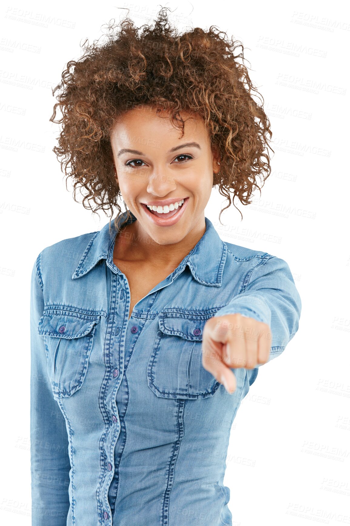 Buy stock photo Smile, portrait and woman pointing to you isolated on a transparent png background. Direction, hand gesture and happy African person with emoji, decision or offer, opportunity and choice of winner.