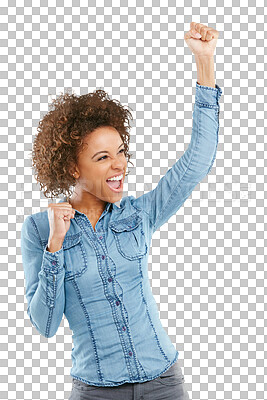 Buy stock photo Happy woman, fist and celebration for winning or success standing isolated on a transparent PNG background. Excited female person in win for achievement, bonus promotion or victory of winner in yes